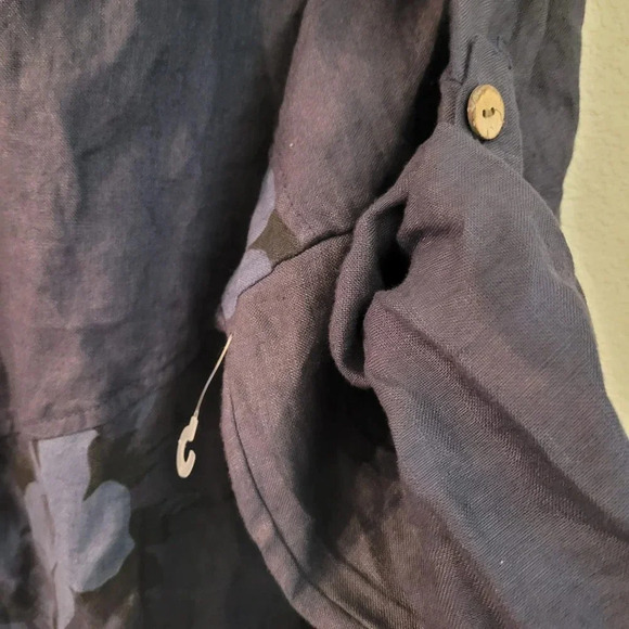 Lin Pour L'autre Women's Blouse Top Size 50 Blue 100% Linen Floral Roll Sleeves - Picture 4 of 10